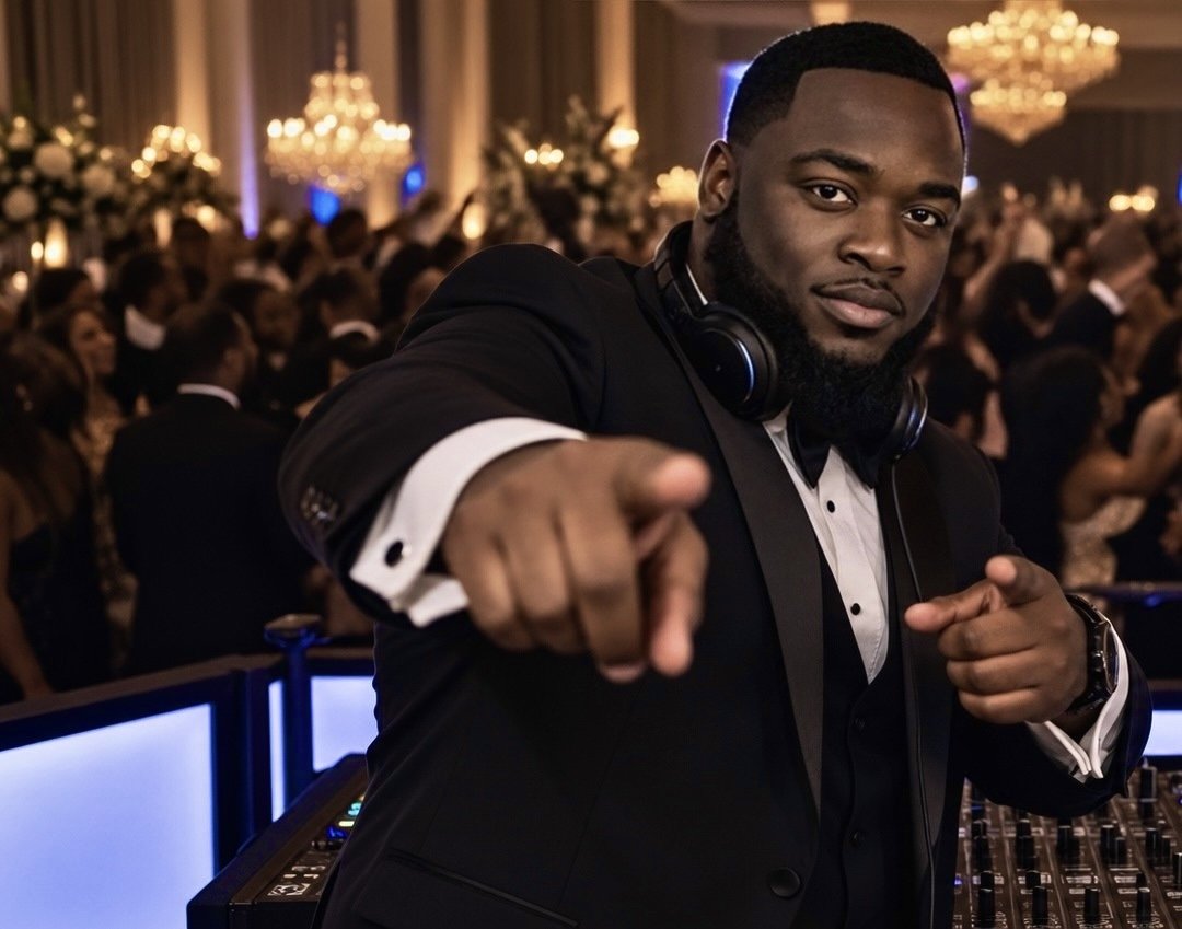 DJ SelfMade in a tuxedo behind the booth at a South Florida event