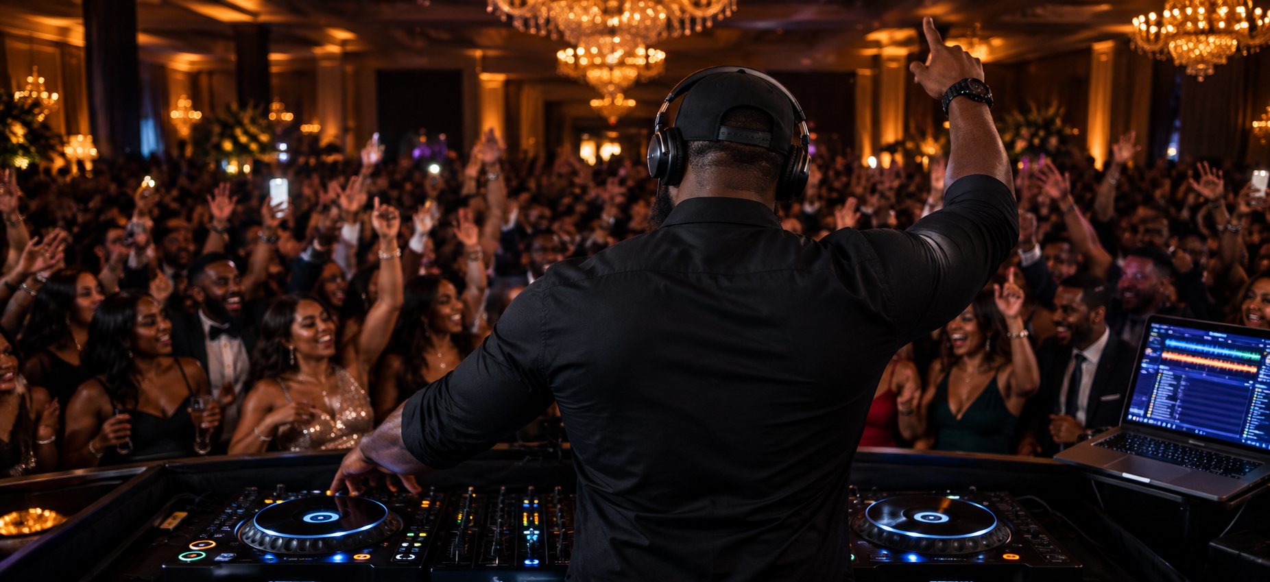 DJ SelfMade performing for a packed ballroom dance floor in South Florida